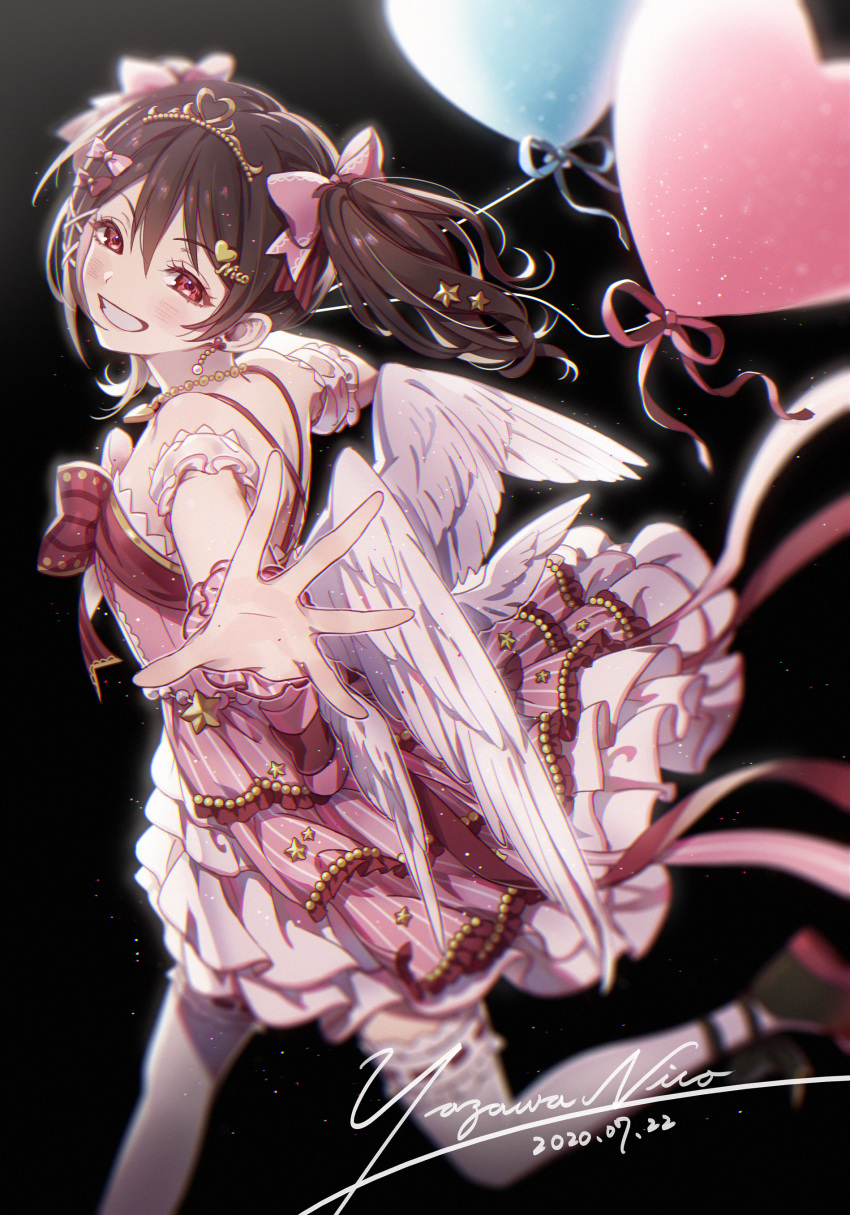 1girl absurdres angel_wings armlet balloon black_background black_footwear black_hair blurry blurry_background bow character_name dress ear earrings facing_to_the_side frilled_legwear happy_birthday heart heart_balloon highres io_(sinking=carousel) jewelry large_ribbon layered_dress looking_at_viewer love_live! love_live!_school_idol_project outstretched_arms pink_bow pink_dress red_eyes scrunchie smile solo star_(symbol) thigh-highs tiara twintails white_legwear white_wings wings wrist_scrunchie yazawa_nico