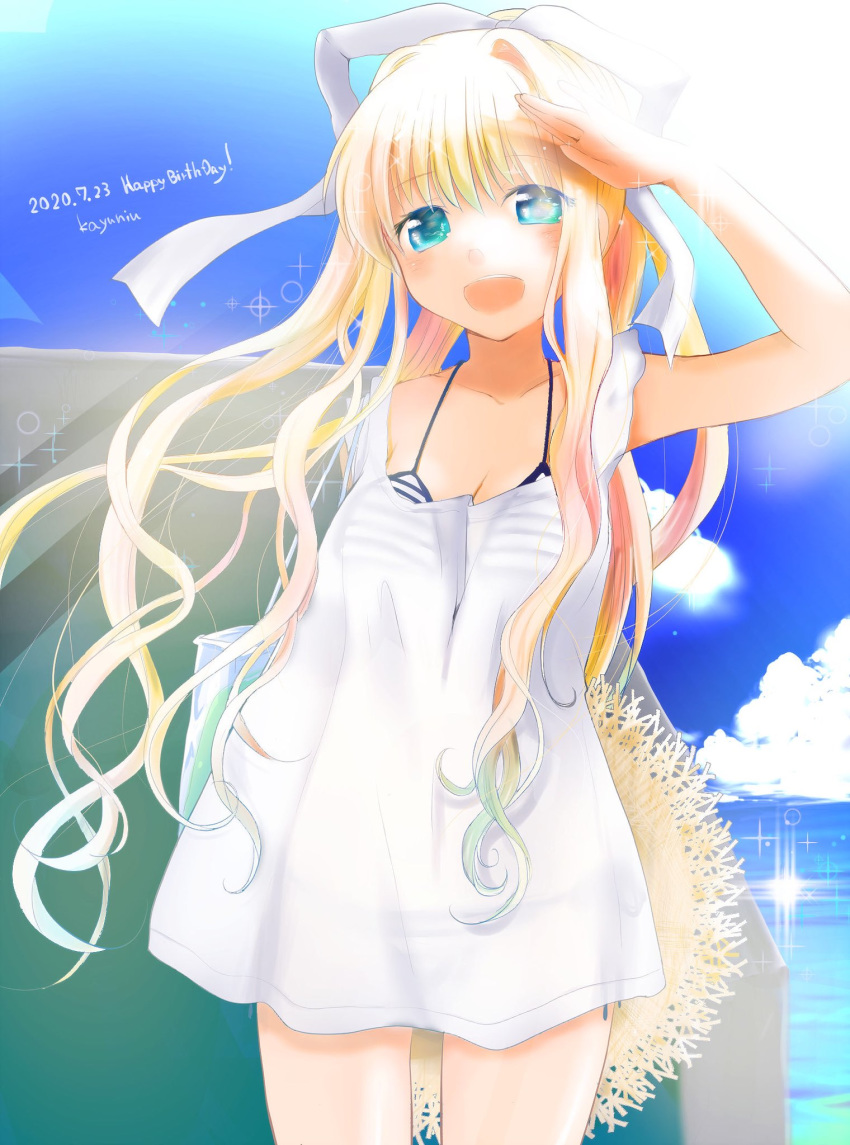 1girl air bikini bikini_under_clothes blonde_hair blue_eyes blue_sky clouds cowboy_shot dated day dress happy_birthday hat hat_removed headwear_removed highres horizon kamio_misuzu kayune_niu long_hair ocean outdoors ponytail salute see-through_dress short_hair sky solo standing straw_hat striped striped_bikini sun_hat swimsuit swimsuit_under_clothes white_dress