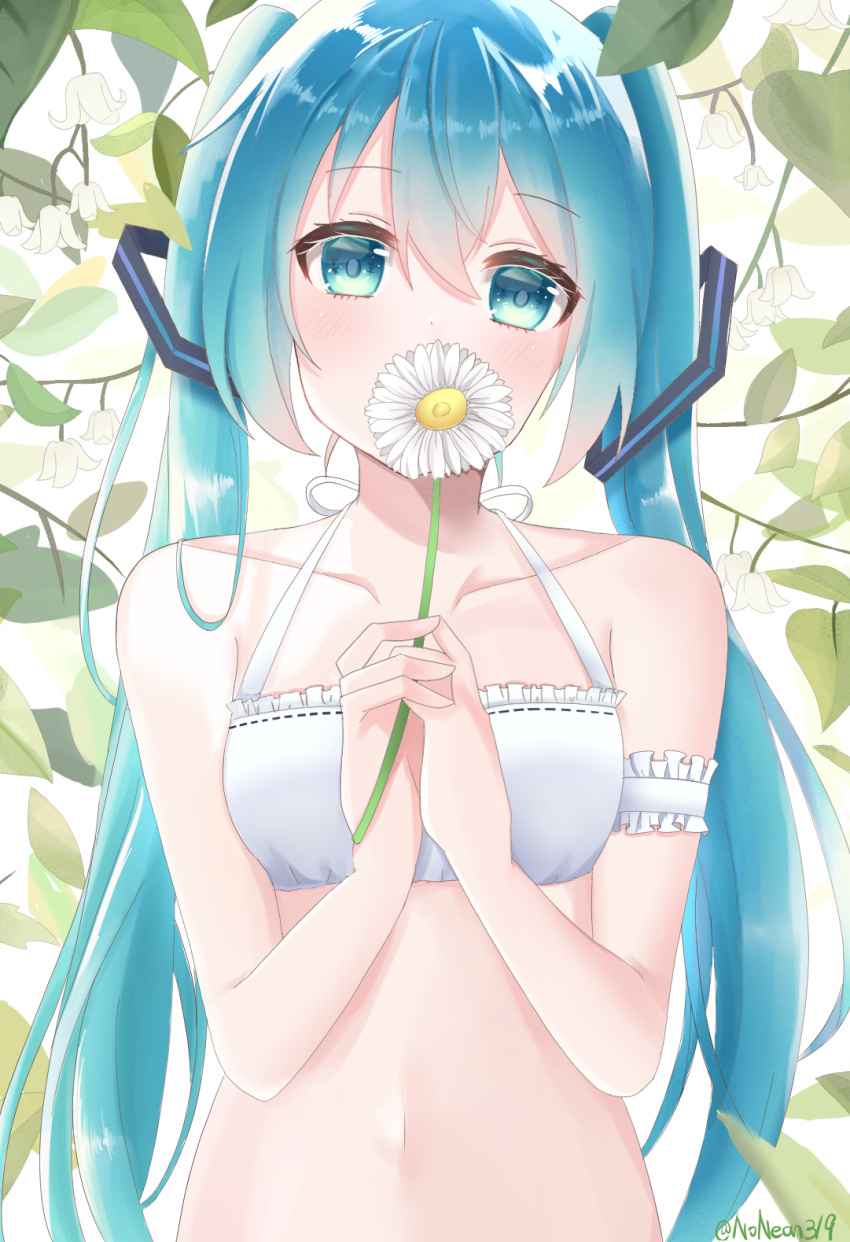 1girl arm_strap bangs bikini bikini_top blue_eyes blue_hair blush collarbone eyebrows_visible_through_hair flower hair_between_eyes hair_ornament halterneck hatsune_miku highres holding holding_flower long_hair looking_at_viewer navel noneon319 ribbon shiny shiny_hair solo swimsuit twintails twitter_username upper_body very_long_hair vocaloid white_bikini white_flower white_ribbon