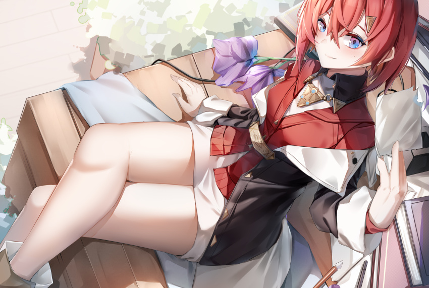 1girl absurdres ange_katrina bare_legs black_jacket blue_eyes blush book boots crossed_legs eyebrows_visible_through_hair hair_between_eyes highres jacket legs looking_at_viewer lubikaya1 medium_hair nijisanji paper redhead smile solo thighs virtual_youtuber