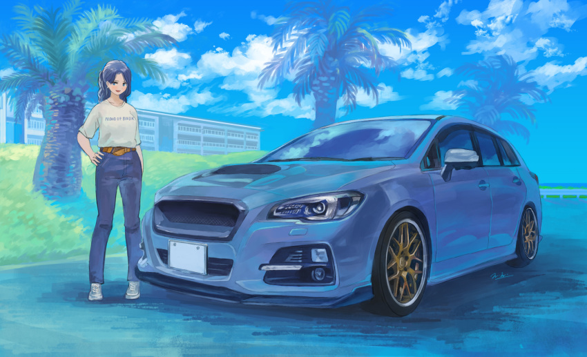 1girl blue_eyes blue_hair car ground_vehicle hand_on_hip highres looking_to_the_side momo_hiki motor_vehicle open_mouth original palm_tree personification smile subaru_(brand) tree vehicle_focus