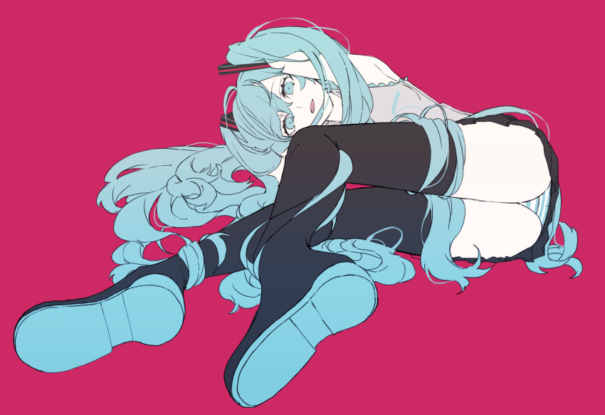 1girl arm_up armpits black_legwear black_skirt blue_eyes blue_hair blue_panties eiku expressionless eyebrows_visible_through_hair eyelashes flat_chest from_below full_body grey_shirt hatsune_miku highres long_hair looking_afar lying on_side pale_skin panties parted_lips pink_background shirt shoe_soles simple_background skirt sleeveless sleeveless_shirt solo striped striped_panties tareme thigh-highs thighs twintails underwear very_long_hair vocaloid white_panties