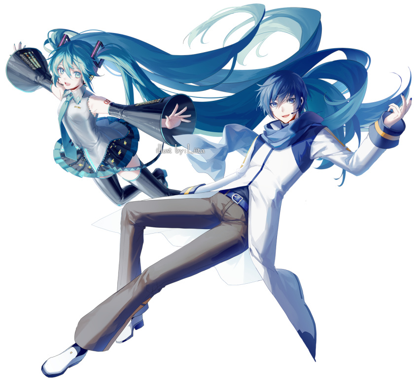 1boy 1girl aqua_eyes aqua_hair aqua_nails aqua_neckwear artist_name bare_shoulders belt black_legwear black_skirt black_sleeves blue_eyes blue_hair blue_nails blue_scarf coat commentary detached_sleeves full_body grey_shirt hair_ornament hatsune_miku headphones headset highres kaito long_hair looking_at_viewer miniskirt nail_polish necktie open_mouth outstretched_arms pants pleated_skirt scarf shirt shoulder_tattoo skirt sleeveless sleeveless_shirt smile tattoo thigh-highs twintails very_long_hair vocaloid white_background white_coat white_footwear yamiluna39 zettai_ryouiki
