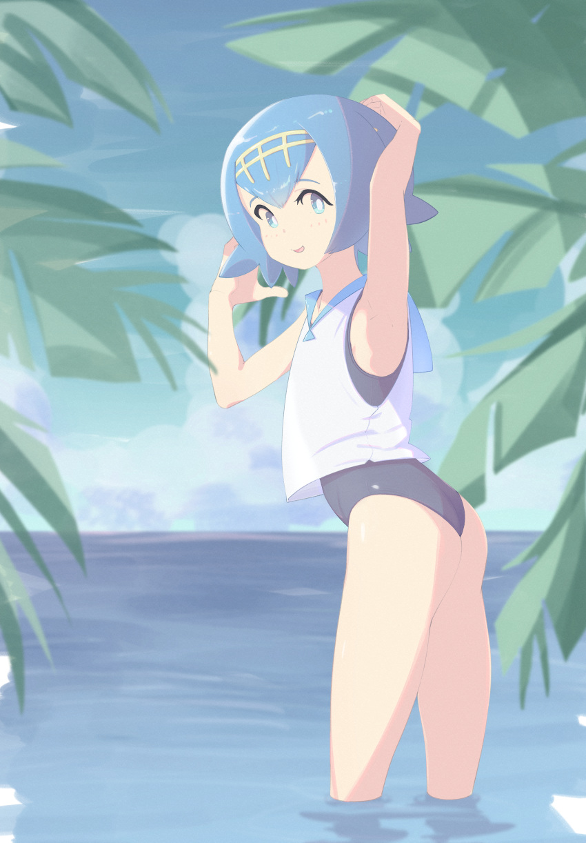 1girl absurdres arm_up armpits ass blue_eyes blue_hair blue_sailor_collar clouds commentary freckles hairband hand_up highres looking_at_viewer looking_back melonyogurt no_sclera one-piece_swimsuit outdoors palm_tree parted_lips pokemon pokemon_(game) pokemon_sm sailor_collar shirt short_hair sky sleeveless smile solo suiren_(pokemon) swimsuit swimsuit_under_clothes tree trial_captain wading water