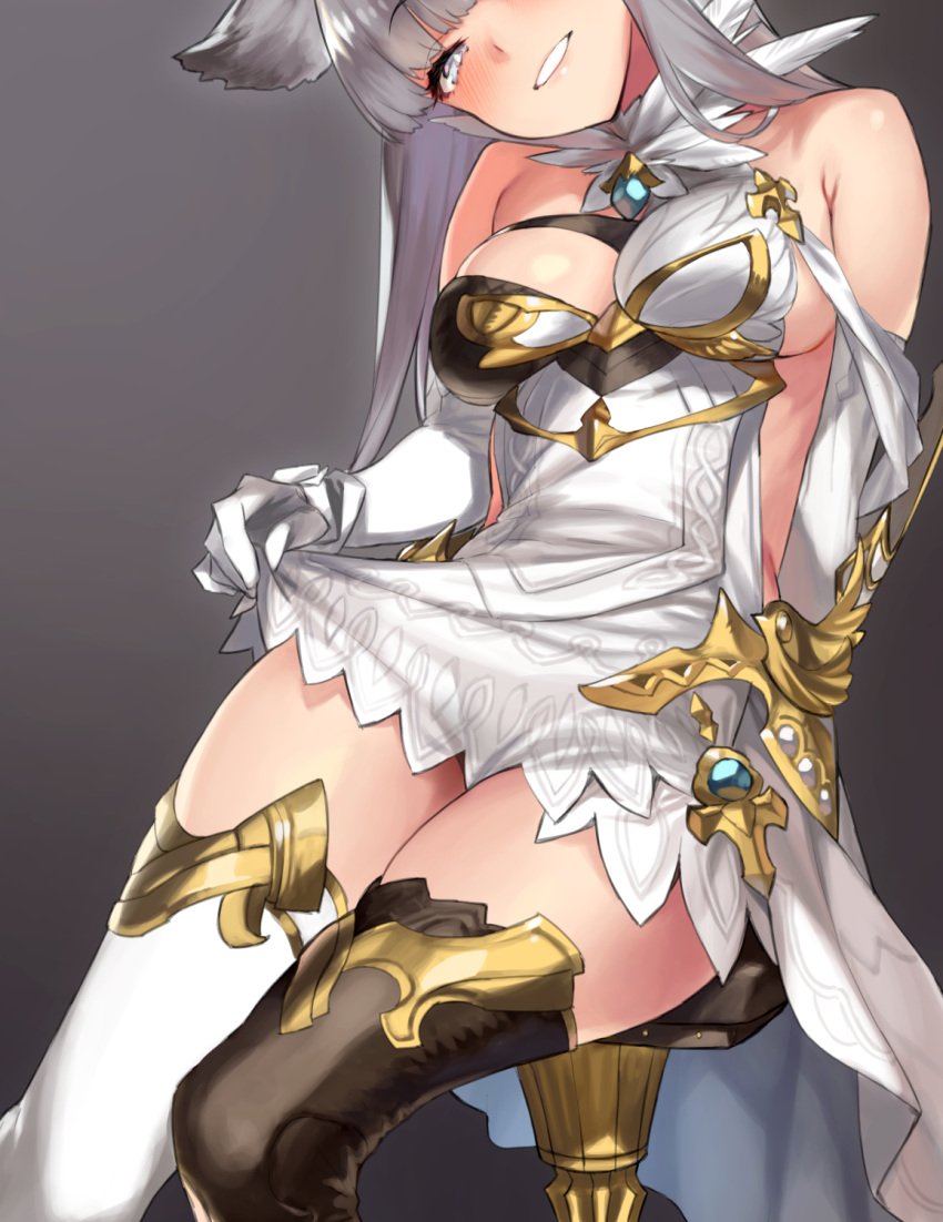 1girl 92m :d animal_ears arm_at_side asymmetrical_clothes bangs bare_shoulders blunt_bangs blush breasts collarbone come_hither commentary_request dress dress_lift easel elbow_gloves erune eyebrows_visible_through_hair gloves granblue_fantasy grey_eyes grey_eyes highres korwa lifted_by_self long_hair looking_at_viewer medium_breasts mismatched_legwear open_mouth parted_lips pink_lips quill seductive_smile showgirl_skirt sidelocks silver_hair sitting skindentation skirt skirt_lift smile solo stool teeth thigh-highs thighlet thighs very_long_hair
