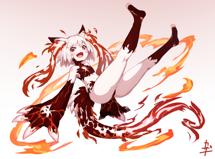 1girl :d animal_ears asymmetrical_pupils barefoot blush_stickers claws commentary_request fang fewer_digits fire flat_chest full_body highres kazana_(sakuto) looking_at_viewer monster_girl open_mouth original oversized_forearms oversized_limbs pale_skin red_eyes red_skin red_theme short_hair skin_fang slit_pupils smile solo symbol_in_eye tail two-tone_skin white_hair