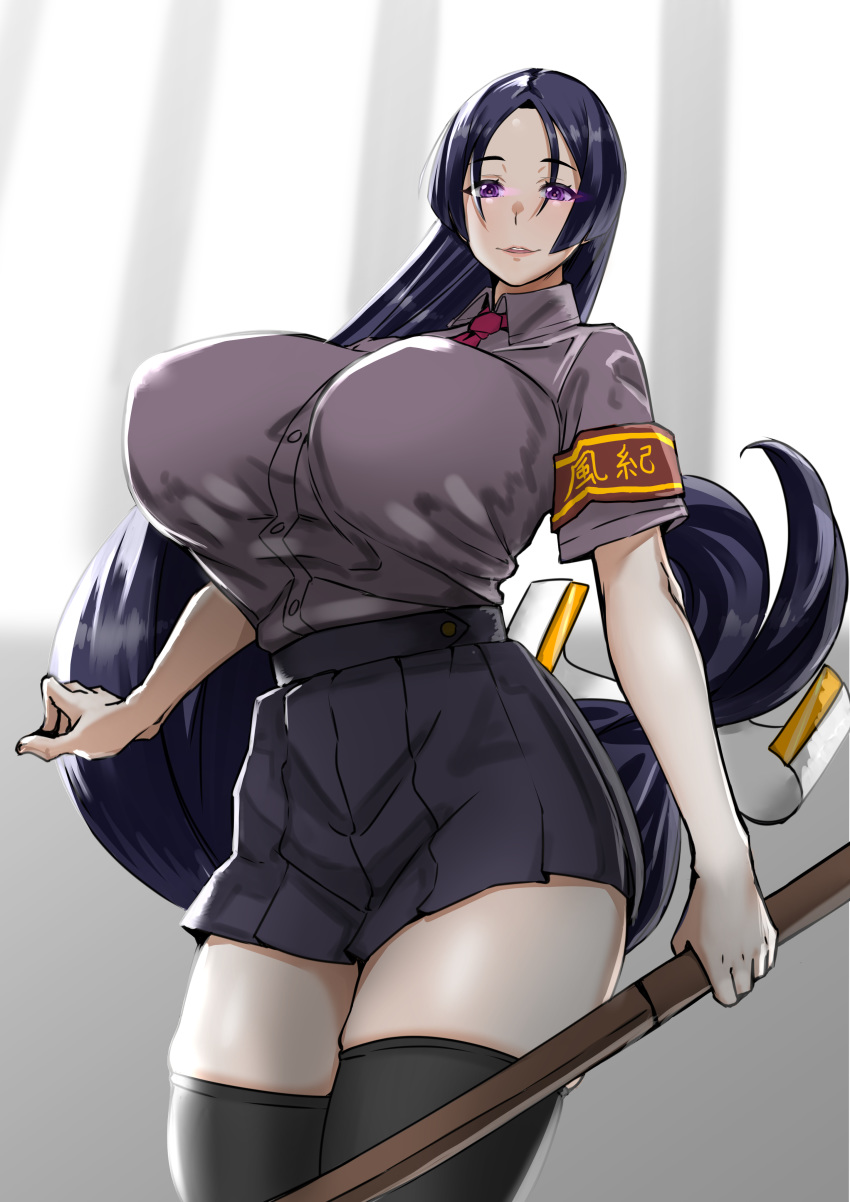 1girl absurdres alternate_costume armband bangs black_hair black_legwear black_skirt bokken breasts collared_shirt commentary_request dress_shirt fate/grand_order fate_(series) highres holding holding_weapon huge_breasts indoors long_hair looking_at_viewer low_tied_hair minamoto_no_raikou_(fate/grand_order) miniskirt parted_bangs parted_lips pleated_skirt red_neckwear school_uniform shirt short_sleeves skirt sword thigh-highs thighs uc uniform very_long_hair violet_eyes weapon wooden_sword