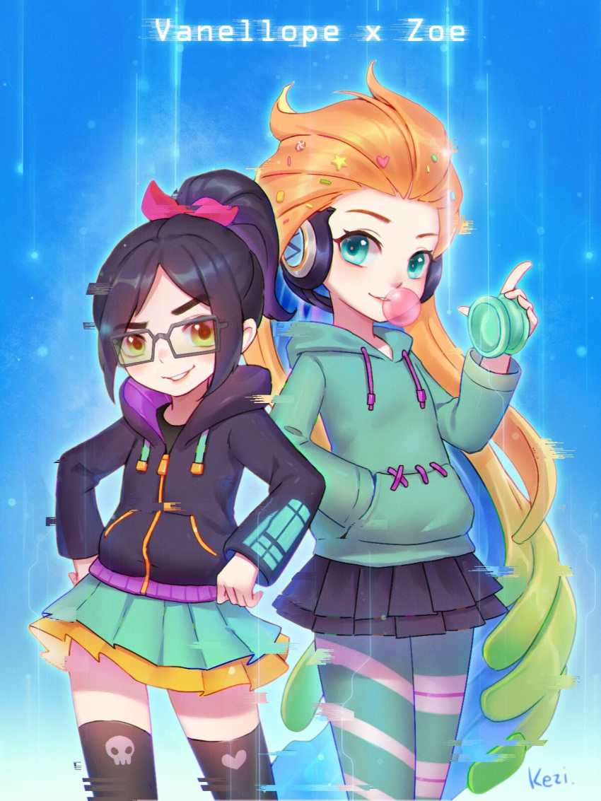 2girls alternate_costume black_hair blue_eyes brown_eyes bubble_blowing chewing_gum glasses green_hair hair_ornament headset highres hood hoodie kezi league_of_legends long_hair multicolored_hair multiple_girls orange_hair ponytail skirt smile thigh-highs vanellope_von_schweetz very_long_hair yellow_eyes yo-yo zoe_(league_of_legends)