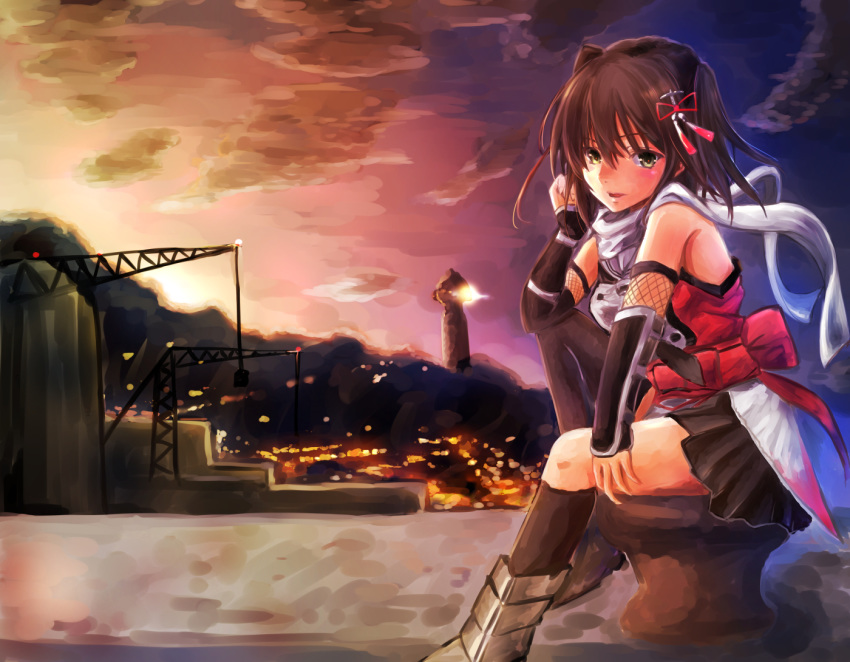 1girl black_gloves black_neckwear black_skirt brown_eyes brown_hair commentary_request double-breasted elbow_gloves fingerless_gloves full_body gauntlets gloves kantai_collection lighthouse mizuya_chiharu mountain neckerchief remodel_(kantai_collection) scarf school_uniform sendai_(kantai_collection) serafuku single_thighhigh sitting skirt sleeveless solo sunset thigh-highs two_side_up white_scarf