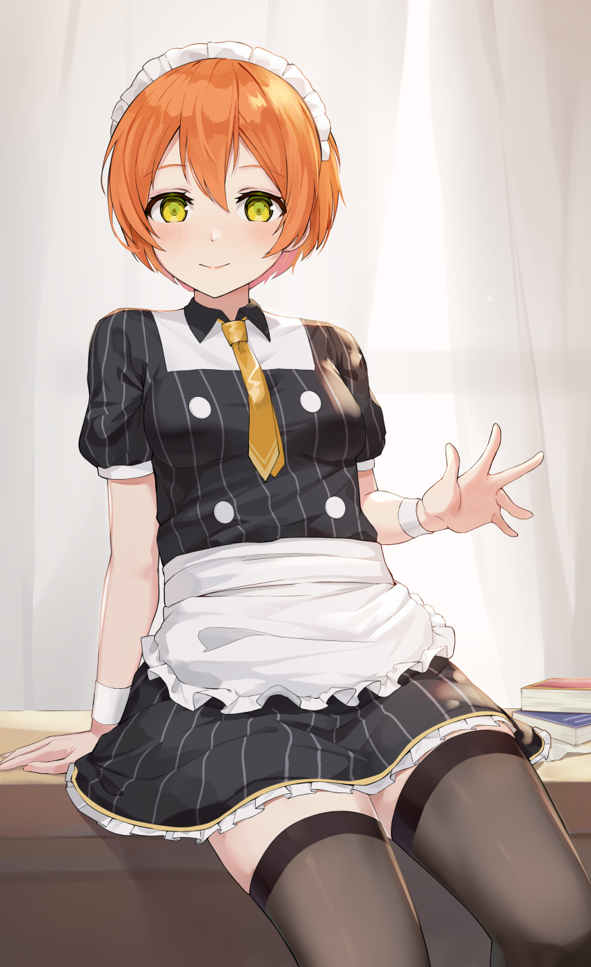 1girl absurdres alternate_costume apron bangs black_legwear buttons closed_mouth cowboy_shot desk dishiren enmaided eyebrows_visible_through_hair frills hair_between_eyes highres hoshizora_rin looking_at_viewer love_live! love_live!_school_idol_festival love_live!_school_idol_project maid maid_headdress miniskirt necktie on_desk orange_hair puffy_short_sleeves puffy_sleeves raised_eyebrows short_hair short_sleeves sitting skirt smile solo thigh-highs w waist_apron wristband yellow_eyes yellow_neckwear zettai_ryouiki