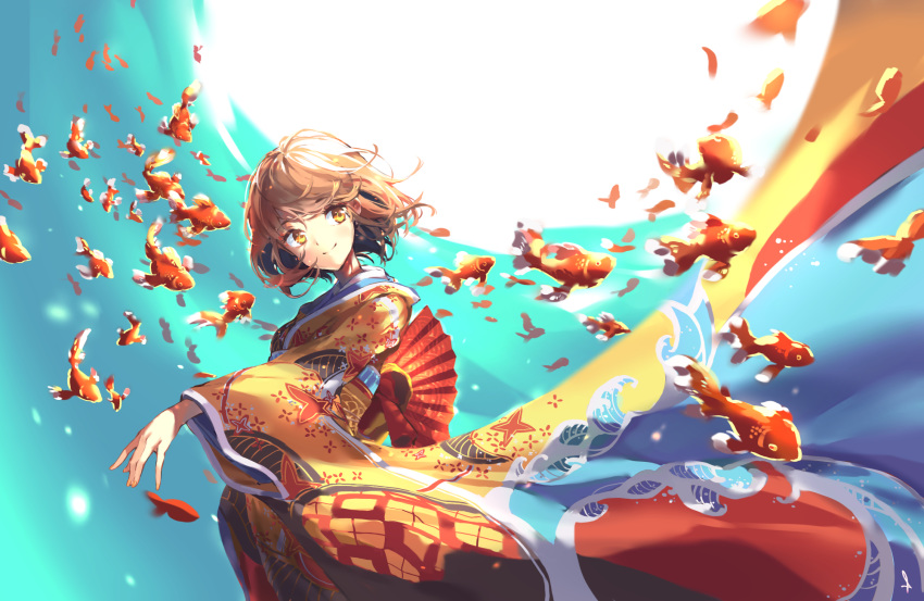 1girl brown_eyes brown_hair fish goldfish highres japanese_clothes kimono original outdoors school_of_fish shijohane short_hair smile solo standing water wave_print wide_sleeves yellow_kimono