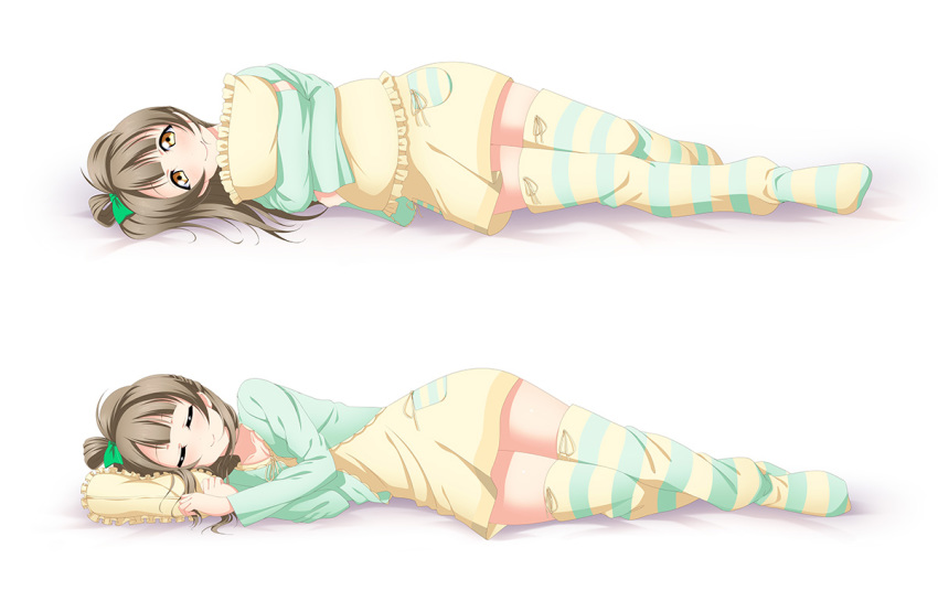 1girl bow brown_hair closed_eyes closed_mouth dakimakura dress frilled_pillow frills from_side full_body green_bow green_ribbon hair_bow long_hair looking_at_viewer love_live! love_live!_school_idol_project lying minami_kotori on_side pillow pillow_hug ribbon short_dress side_ponytail simple_background smile solo striped striped_legwear thigh-highs white_background yellow_dress yellow_eyes yu-ta zettai_ryouiki