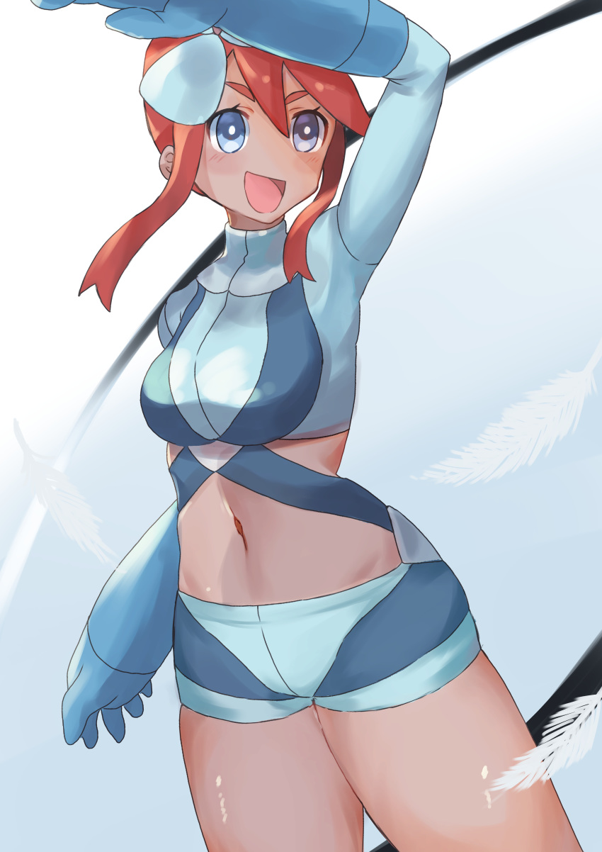 1girl :d absurdres arm_up bangs bare_thighs belt blue_background blue_belt blue_eyes blue_gloves blue_jacket blue_shorts blush breasts commentary cowboy_shot cropped_jacket elbow_gloves feathers fuuro_(pokemon) gloves gradient gradient_background groin gym_leader hair_between_eyes hair_ornament highres jacket large_breasts looking_to_the_side midriff navel open_mouth pilot_suit pokemon pokemon_(game) pokemon_bw redhead short_shorts shorts sidelocks smile solo standing taruto_(takug0812) thick_eyebrows white_background