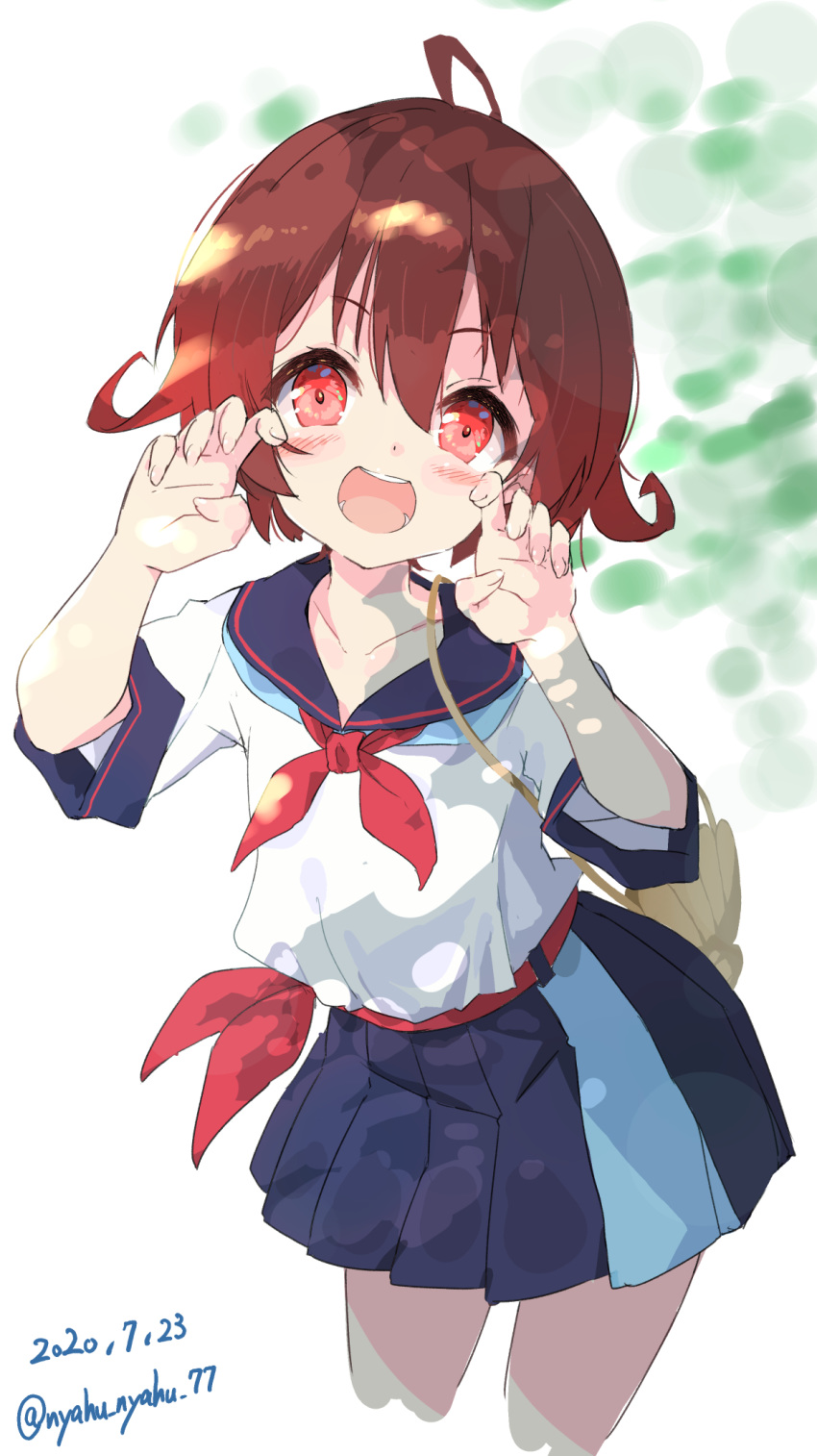 1girl alternate_costume black_sailor_collar brown_hair commentary_request cowboy_shot cropped_legs dated dress gradient_hair highres kantai_collection looking_at_viewer multicolored multicolored_clothes multicolored_hair multicolored_skirt mutsuki_(kantai_collection) neckerchief nyafu_(moai_lion) open_mouth paw_pose pleated_skirt red_eyes red_neckwear redhead round_teeth sailor_collar sailor_dress short_hair skirt smile solo teeth twitter_username upper_teeth white_background