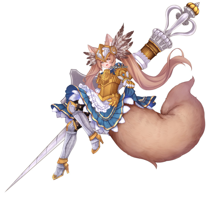 1girl :d animal_ear_fluff animal_ears armor armored_dress blue_dress blush boots breastplate brown_hair commentary commission dated dress english_commentary fluffy full_body grey_eyes high_heel_boots high_heels highres lance large_tail long_hair looking_at_viewer open_mouth original pleated_dress plushmallow_(elin) polearm signature simple_background skirt_hold smile solo staff tail temachii twintails very_long_hair visor_(armor) weapon white_background