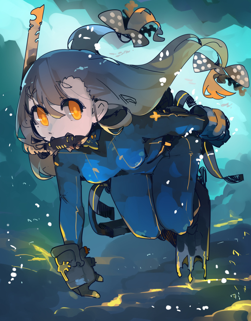 1girl bangs bodysuit bow breasts brown_hair bubble diving_mask diving_regulator flippers gloves hair_bow highres large_breasts long_hair looking_at_viewer minmin_(neko4339) original scuba scuba_gear skin_tight solo swimsuit water wetsuit yellow_eyes