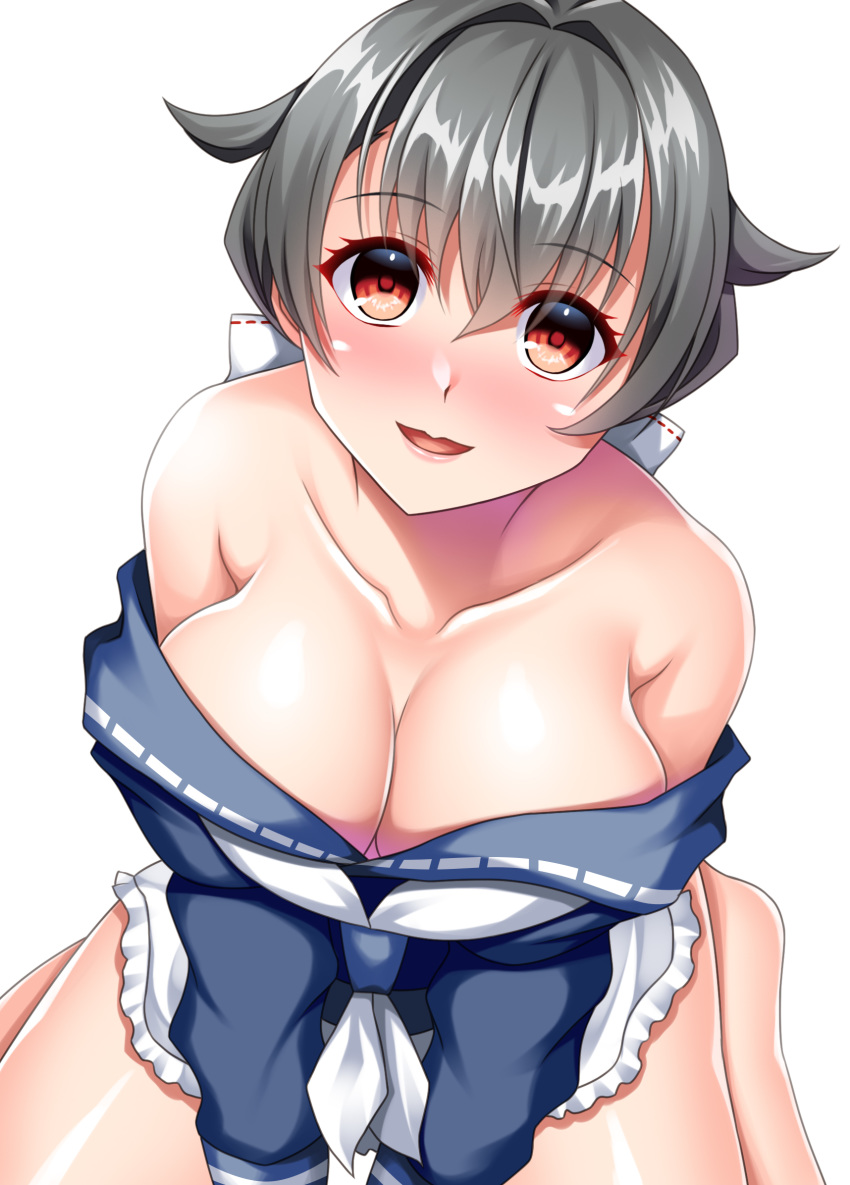 1girl black_hair blue_serafuku breasts collarbone from_above hair_flaps hair_ornament highres jingei_(kantai_collection) kantai_collection large_breasts long_sleeves looking_at_viewer off_shoulder red_eyes ruin_re_birth short_hair sitting skirt solo wariza white_neckwear white_skirt