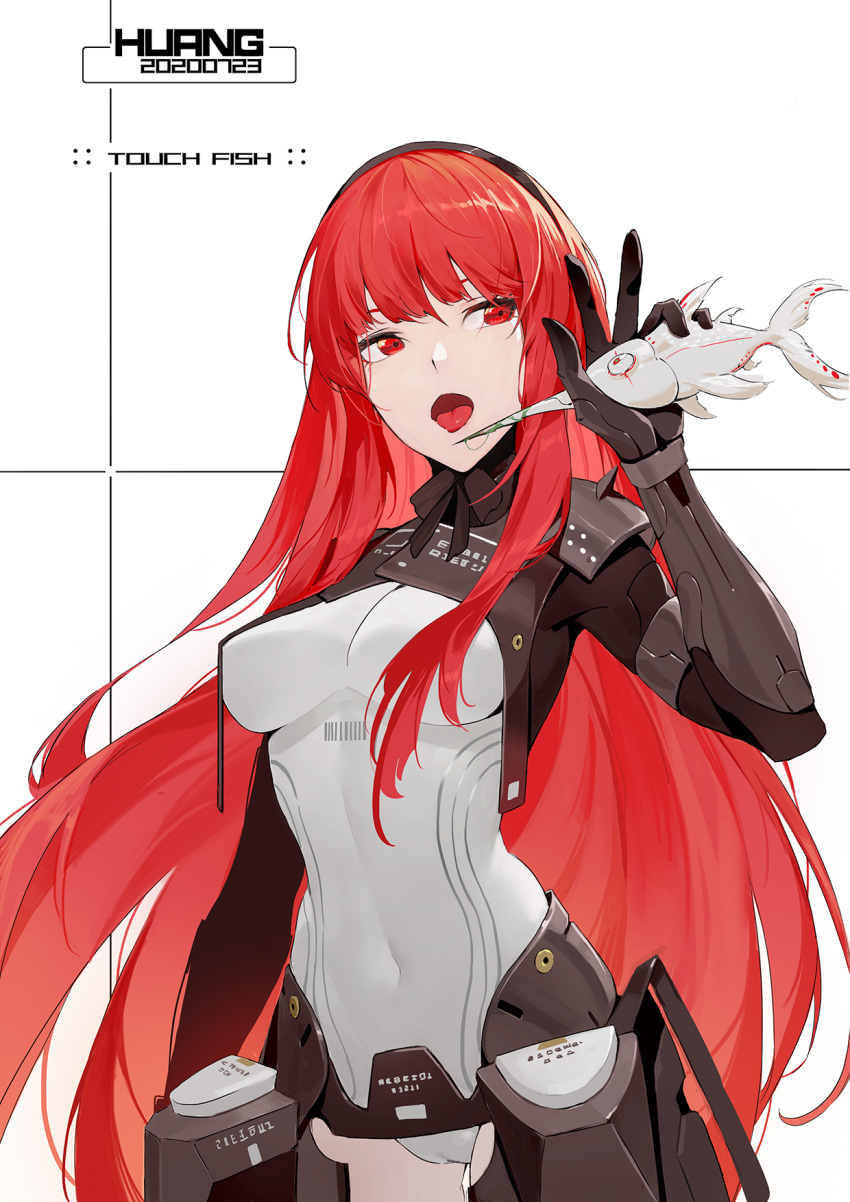 1girl artist_name breasts character_request covered_navel cowboy_shot dated highres huang_(volt0526) leotard long_hair medium_breasts punishing:_gray_raven red_eyes redhead sidelocks simple_background solo tongue tongue_out vambraces very_long_hair
