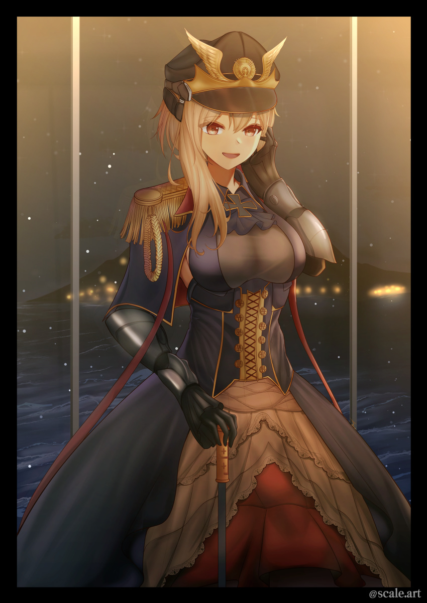 1girl absurdres artist_name blonde_hair blue_oath breasts cane corset covering covering_breasts cross cross_necklace dress gauntlets hand_in_hair hat highres huge_filesize jewelry looking_at_viewer medium_breasts medium_hair military military_hat military_uniform necklace night night_light night_sky open_mouth prinz_eugen_(blue_oath) red_eyes scale_(winston98) sky solo uniform water