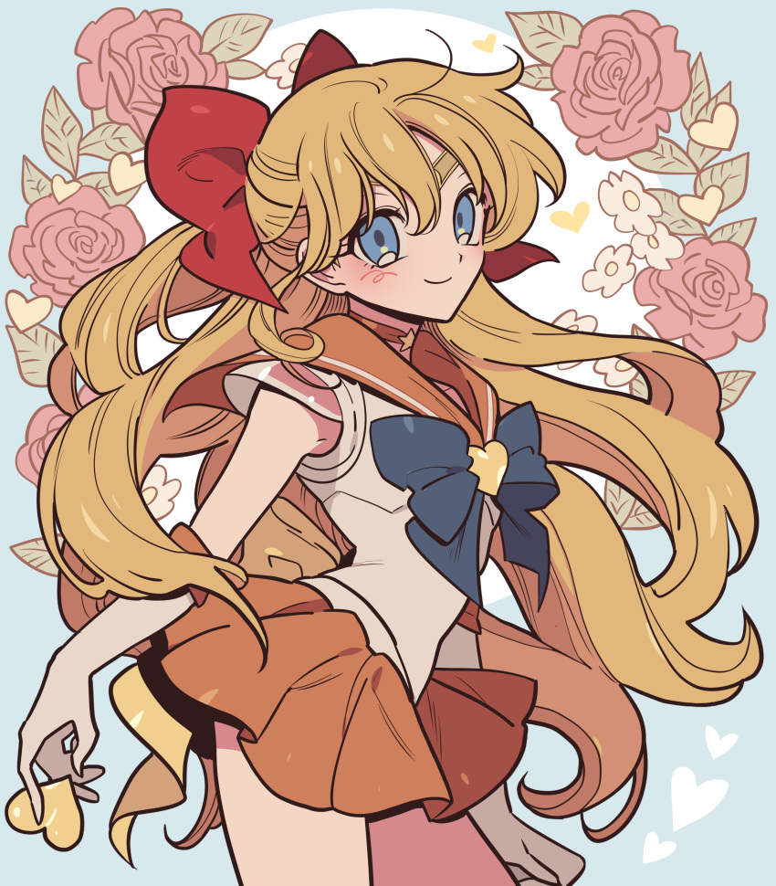 1girl absurdres aino_minako bishoujo_senshi_sailor_moon blonde_hair blue_eyes blue_neckwear bow choker elbow_gloves flower gloves hair_bow heart highres leotard long_hair orange_choker orange_sailor_collar orange_skirt red_bow rosarian666 rose sailor_collar sailor_senshi_uniform sailor_venus skirt solo white_gloves white_leotard