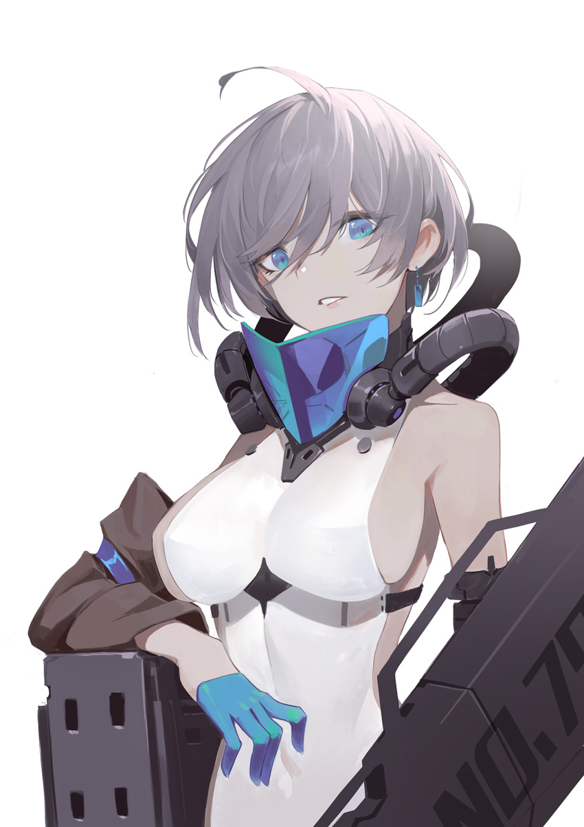 1girl ahoge bare_shoulders blue_eyes blue_gloves bodysuit collarbone covered_navel detached_sleeves earrings eyes_visible_through_hair gloves grey_hair hair_between_eyes half_gloves highres huang_(volt0526) jewelry original parted_lips science_fiction short_hair simple_background single_earring skin_tight solo transparent white_background