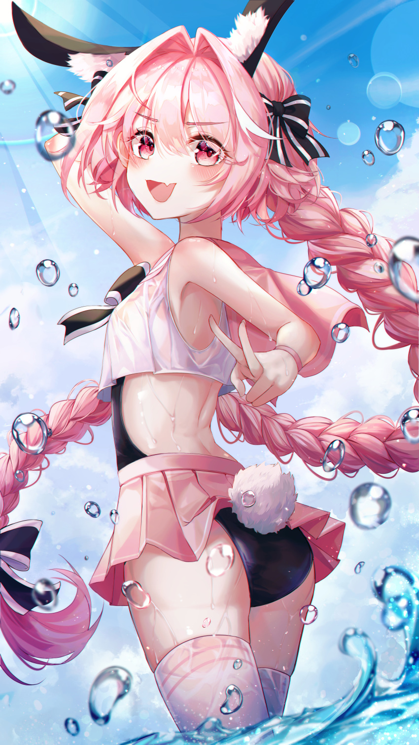 1boy :d absurdres animal_ear_fluff animal_ears arm_up armpits ass astolfo_(fate) backless_swimsuit bare_arms bare_shoulders bbeedol black_swimsuit bow braid bubble bunny_girl bunny_tail crop_top day fang fate/grand_order fate_(series) hair_bow hair_intakes highres huge_filesize light_rays long_hair looking_at_viewer looking_back male_focus midriff miniskirt open_mouth otoko_no_ko outdoors pink_hair pink_skirt pleated_skirt rabbit_ears red_eyes sailor_collar see-through shirt single_braid skirt sleeveless sleeveless_shirt smile solo standing sunbeam sunlight swimsuit swimsuit_under_clothes tail thigh-highs v very_long_hair wading water wet wet_clothes wet_shirt white_legwear white_shirt wristband