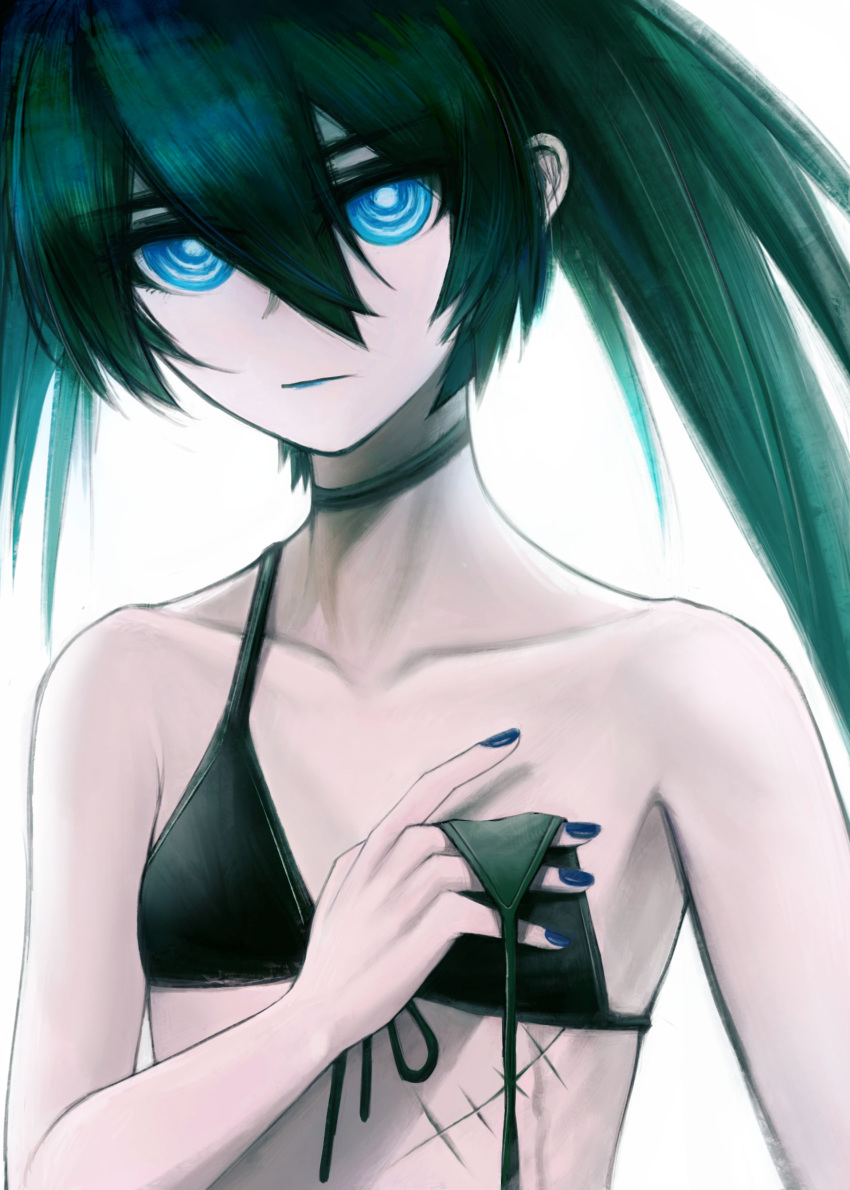 1girl absurdres bangs bikini bikini_top black_bikini black_hair black_rock_shooter black_rock_shooter_(character) blue_eyes blue_lips blue_nails choker closed_mouth collarbone eyebrows_visible_through_hair flat_chest hair_between_eyes highres long_hair looking_at_viewer ly_(pixiv13839236) nail_polish scar shiny shiny_hair simple_background solo swimsuit twintails untied untied_bikini upper_body white_background