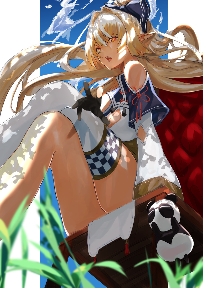 absurdres bare_shoulders black_gloves blonde_hair gloves highres hololive long_hair looking_at_viewer maruno_ball panda pointy_ears red_eyes shiranui_flare single_thighhigh sitting thigh-highs virtual_youtuber white_legwear