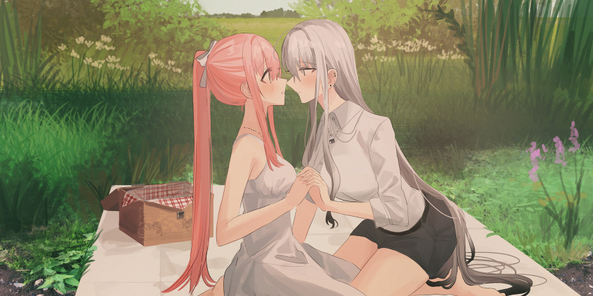 2girls bare_arms bare_shoulders black_hair black_shorts blush bow breasts chihuri collared_shirt commentary_request day dress dress_shirt ear_piercing earrings eye_contact flower gradient_hair grass grey_eyes grey_hair hair_bow highres holding_hands interlocked_fingers jewelry kneeling long_hair looking_at_another medium_breasts multicolored_hair multiple_girls necklace original outdoors parted_lips picnic picnic_basket piercing pink_flower pink_hair ponytail profile red_eyes seiza shirt short_shorts shorts sitting sleeveless sleeveless_dress stud_earrings very_long_hair white_bow white_dress white_flower white_shirt yana_(chihuri) yuri zoya_petrovna_vecheslova
