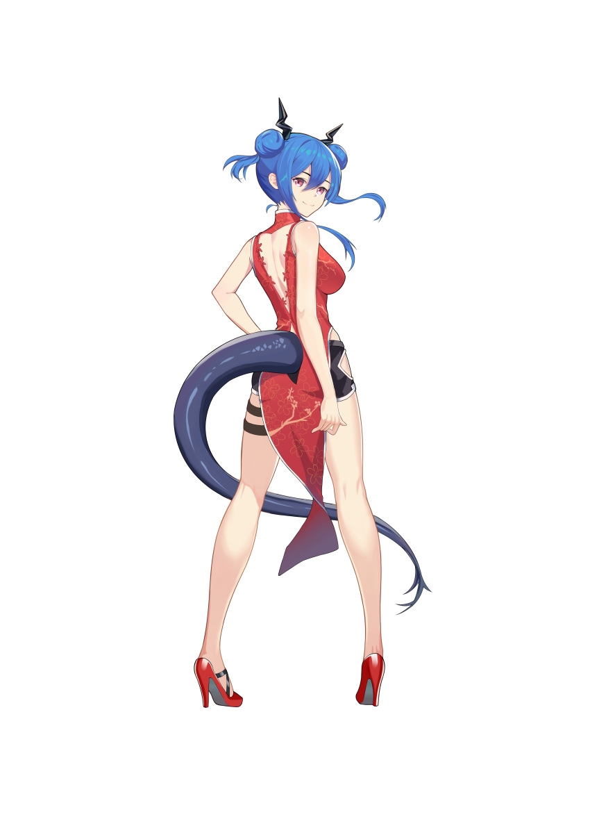 1girl absurdres arknights backless_dress backless_outfit bangs bare_arms bare_legs bare_shoulders black_shorts blue_hair breasts ch'en_(arknights) china_dress chinese_clothes double_bun dragon_horns dragon_tail dress from_behind full_body hair_between_eyes heijiaobingjiling high_heels highres horns long_hair looking_at_viewer looking_back medium_breasts pelvic_curtain pink_eyes red_dress red_footwear short_shorts shorts simple_background sleeveless sleeveless_dress smile solo standing tail thigh_strap thighs white_background