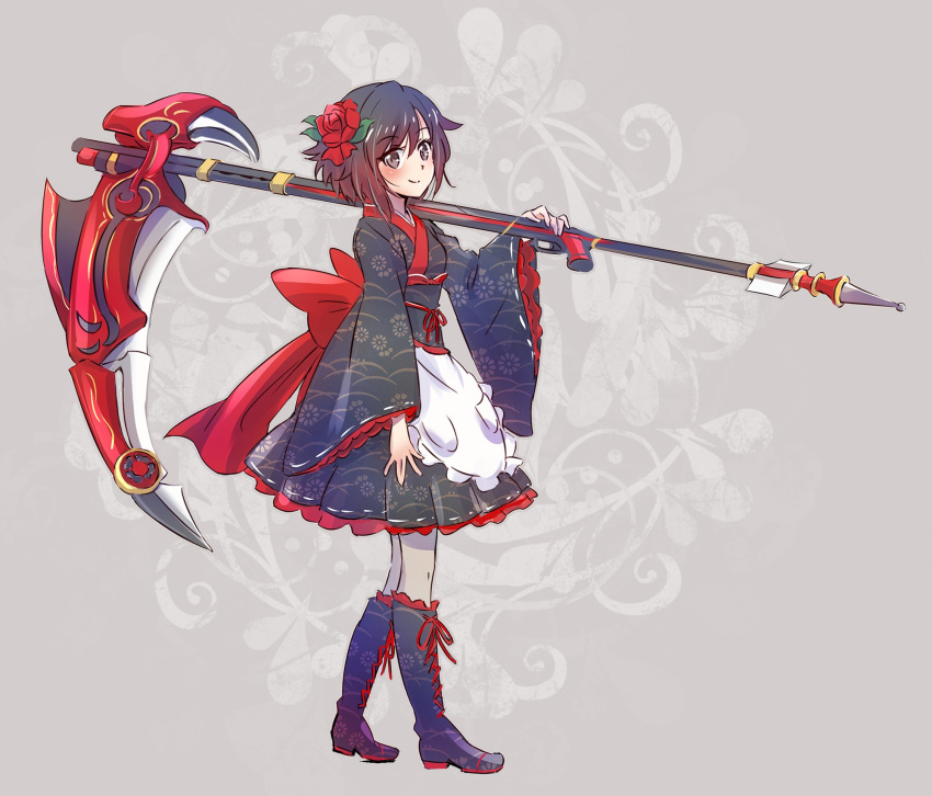 1girl boots crescent_rose flower hair_flower hair_ornament highres holding holding_scythe iesupa looking_at_viewer rose ruby_rose rwby scythe short_hair solo