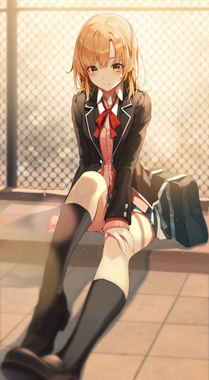 1girl absurdres bag black_footwear black_jacket black_legwear blazer blurry brown_eyes brown_hair cardigan chain-link_fence collared_shirt depth_of_field fence foreshortening hand_on_own_knee highres isshiki_iroha jacket knee_up kneehighs loafers long_hair looking_at_viewer neck_ribbon on_ground open_clothes open_jacket pink_cardigan pro-p ribbon school_bag school_uniform shirt shoes sitting smile solo tile_floor tiles undershirt white_shirt wing_collar yahari_ore_no_seishun_lovecome_wa_machigatteiru.