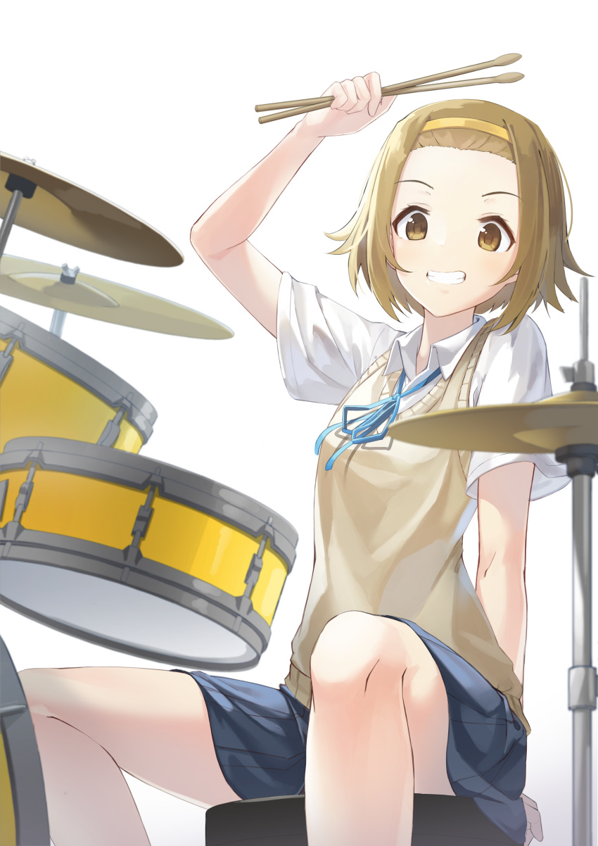 1girl :d absurdres arm_up black_skirt blue_neckwear blue_ribbon brown_eyes brown_hair collared_shirt drum drum_set drumsticks feet_out_of_frame forehead grin hairband highres holding huge_filesize instrument k-on! kimyo looking_at_viewer miniskirt neck_ribbon open_mouth ribbon school_uniform shirt short_hair short_sleeves simple_background sitting skirt smile solo stool sweater_vest tainaka_ritsu teeth white_background white_shirt wing_collar yellow_hairband
