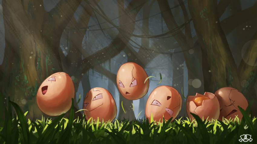 :d bare_tree broken_egg closed_mouth commentary_request egg exeggcute gen_1_pokemon grass highres hopping light_rays no_humans open_mouth outdoors plant pokemon pokemon_(creature) smile sunbeam sunlight supearibu tongue tree vines watermark