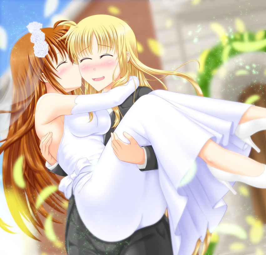 2girls alternate_costume blonde_hair blush brown_hair carrying church closed_eyes couple dress fate_testarossa formal happy highres kiss long_hair lyrical_nanoha mahou_shoujo_lyrical_nanoha mahou_shoujo_lyrical_nanoha_strikers mahou_shoujo_lyrical_nanoha_vivid misumi_takasumi multiple_girls open_mouth princess_carry smile suit takamachi_nanoha tuxedo very_long_hair wedding wedding_dress yuri