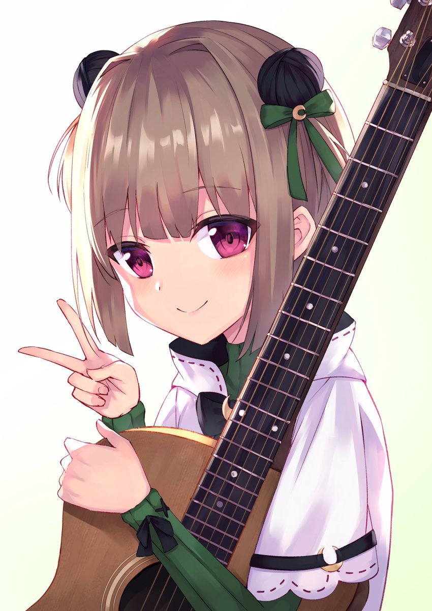 1girl bow brown_hair green_bow guitar hair_bow hair_ornament harvest_moon_(youtube) highres instrument long_sleeves looking_at_viewer masaki_(msk064) red_eyes short_hair simple_background smile tsukinowa_noa upper_body v white_background