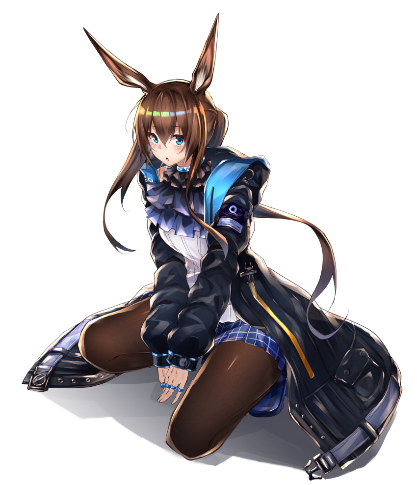 1girl amiya_(arknights) animal_ears arknights between_legs black_coat black_legwear blouse blue_eyes blue_neckwear blue_skirt blush breasts brown_hair coat commentary cravat eyebrows_visible_through_hair flugel_(kaleido_scope-710) frills full_body hair_between_eyes hand_between_legs highres jewelry long_hair looking_at_viewer medium_breasts miniskirt multiple_rings neck_ring open_clothes open_coat open_mouth pantyhose plaid plaid_skirt ponytail rabbit_ears ring shadow simple_background skirt solo squatting white_background white_blouse