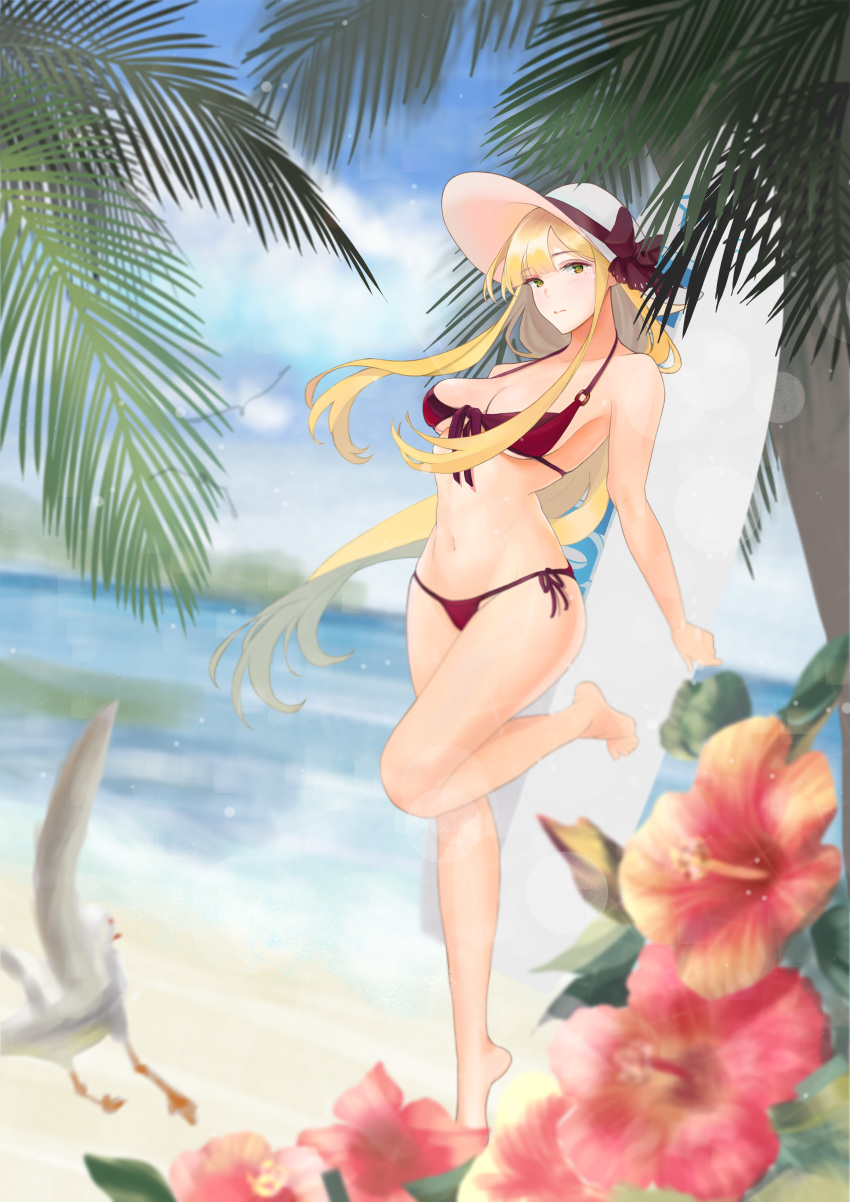 1girl absurdres bare_legs bare_shoulders barefoot beach bikini blonde_hair blue_oath blush breasts character_request chika eyebrows_visible_through_hair flower green_eyes hat hat_ribbon highres leg_up long_hair looking_at_viewer medium_breasts mole mole_under_eye navel ocean red_bikini red_swimsuit ribbon solo stomach summer sun_hat swimsuit thighs