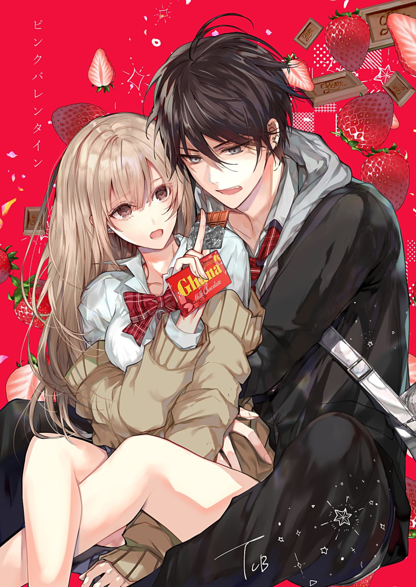 1boy 1girl black_hair bow bowtie brown_eyes cardigan chocolate collared_shirt ear_piercing eyebrows_visible_through_hair food fruit hair_between_eyes hetero highres holding_chocolate light_brown_hair long_hair long_sleeves lotte_(company) open_mouth piercing pink_valentine red_background shirt short_hair strawberry tcb valentine