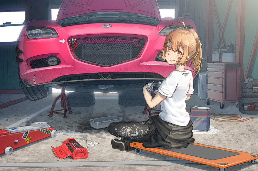 1girl ahoge bangs box brown_hair car character_request copyright_request eyebrows_visible_through_hair foglight fxx garage gloves ground_vehicle hanaka_kotone_(virtual_youtuber) headlight highres hose indoors jack_stand jerry_can looking_back mazda mazda_rx-8 motor_vehicle oil orange_eyes shirt short_sleeves socket_wrench tied_hair toolbox virtual_youtuber white_shirt window yellow_eyes