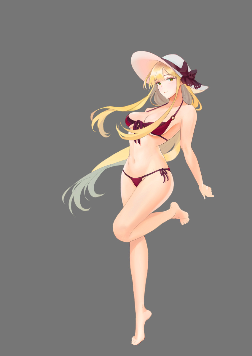 1girl absurdres bare_legs bare_shoulders barefoot bikini blonde_hair blue_oath blush breasts character_request chika eyebrows_visible_through_hair green_eyes grey_background hat hat_ribbon highres leg_up long_hair looking_at_viewer medium_breasts mole mole_under_eye navel red_bikini red_swimsuit ribbon solo stomach sun_hat swimsuit thighs