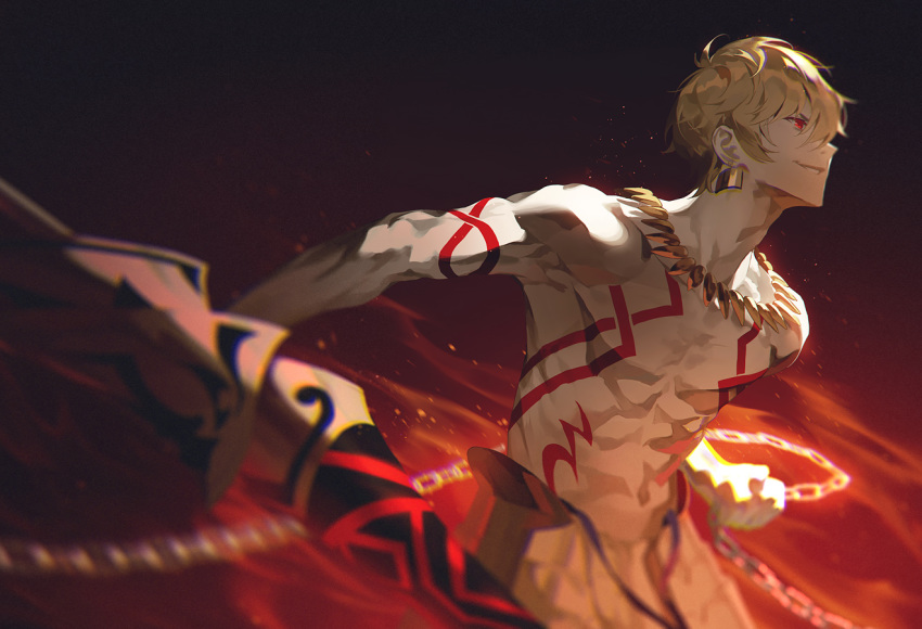 1boy blonde_hair chain covered_navel earrings fajyobore323 fate_(series) gilgamesh glowing holding holding_chain holding_lance holding_weapon jewelry lance male_focus necklace parted_lips polearm red_eyes single_earring smile solo weapon