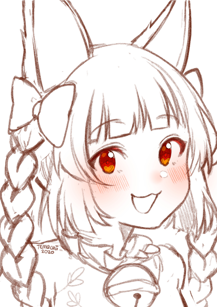 1girl :3 :d absurdres animal_ears bell blush bow braid cat_ears commentary dated english_commentary hair_bow highres jingle_bell kaenbyou_rin limited_palette long_hair looking_at_viewer open_mouth portrait red_eyes signature simple_background smile solo spot_color temachii touhou twin_braids white_background