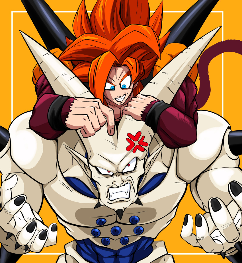 2boys absurdres anger_vein angry annoyed blue_eyes body_fur dragon dragon_ball dragon_ball_(object) dragon_ball_gt dragon_horns facial_hair fangs fusion gogeta highres horns metamoran_vest monkey_boy monkey_tail multiple_boys muscular muscular_male mustache omega_shenron pointy_ears red_fur redhead shoulder_spikes spikes super_saiyan super_saiyan_4 tail yuuri_(fukuroudou)