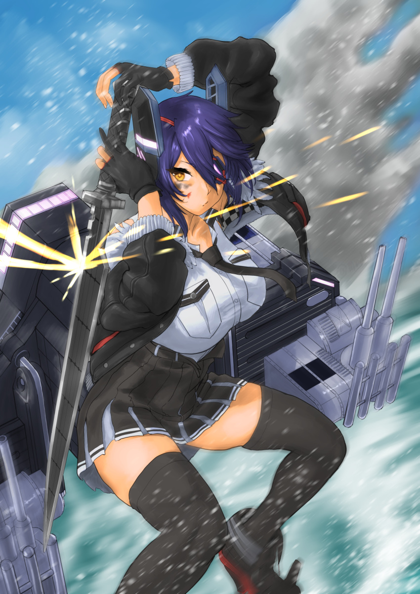 1girl black_gloves black_jacket blue_sky breast_pocket breasts checkered checkered_neckwear clouds commentary_request eyepatch fur-trimmed_jacket fur_trim gloves headgear highres jacket kantai_collection large_breasts machinery mrdotd necktie partly_fingerless_gloves pocket purple_hair short_hair sky solo sword tenryuu_(kantai_collection) thigh-highs water weapon yellow_eyes