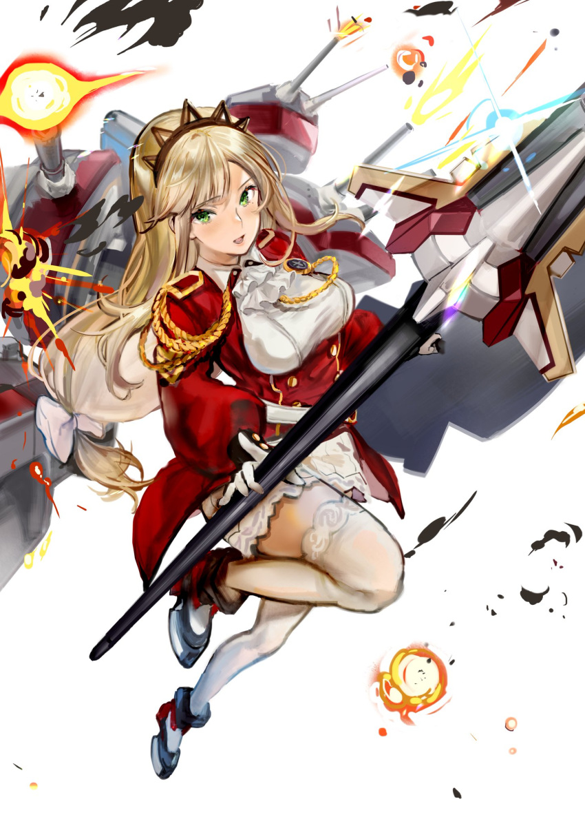 1girl blonde_hair blue_oath blush breasts character_request crown_hair_ornament gloves green_eyes hair_ribbon hi_ros3 highres jewelry long_hair looking_at_viewer medium_breasts military military_uniform necklace ocean open_mouth polearm ponytail ribbon shoes solo spear thigh-highs uniform weapon white_background white_gloves white_legwear
