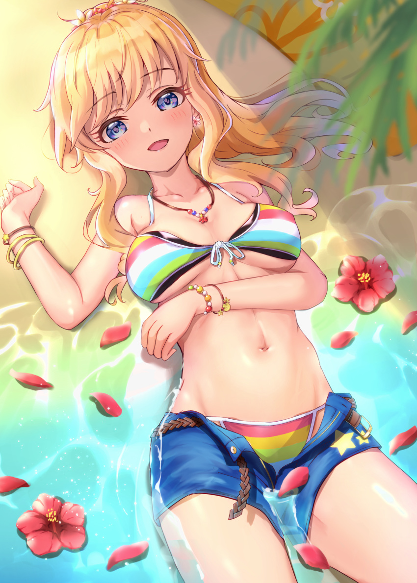1girl arm_up bare_shoulders beach belt bikini bikini_under_clothes blonde_hair blue_bikini blue_eyes blush bracelet breasts brown_belt collarbone commentary_request denim denim_shorts earrings eyebrows_visible_through_hair falling_petals flower green_bikini hair_ornament highres idolmaster idolmaster_cinderella_girls idolmaster_cinderella_girls_starlight_stage jewelry long_hair looking_at_viewer lying multicolored multicolored_bikini multicolored_clothes navel necklace on_back on_ground ootsuki_yui open_clothes open_mouth open_shorts partially_submerged petals red_bikini red_flower shorts smile solo stomach summer swimsuit takoyakiudon water white_bikini yellow_bikini