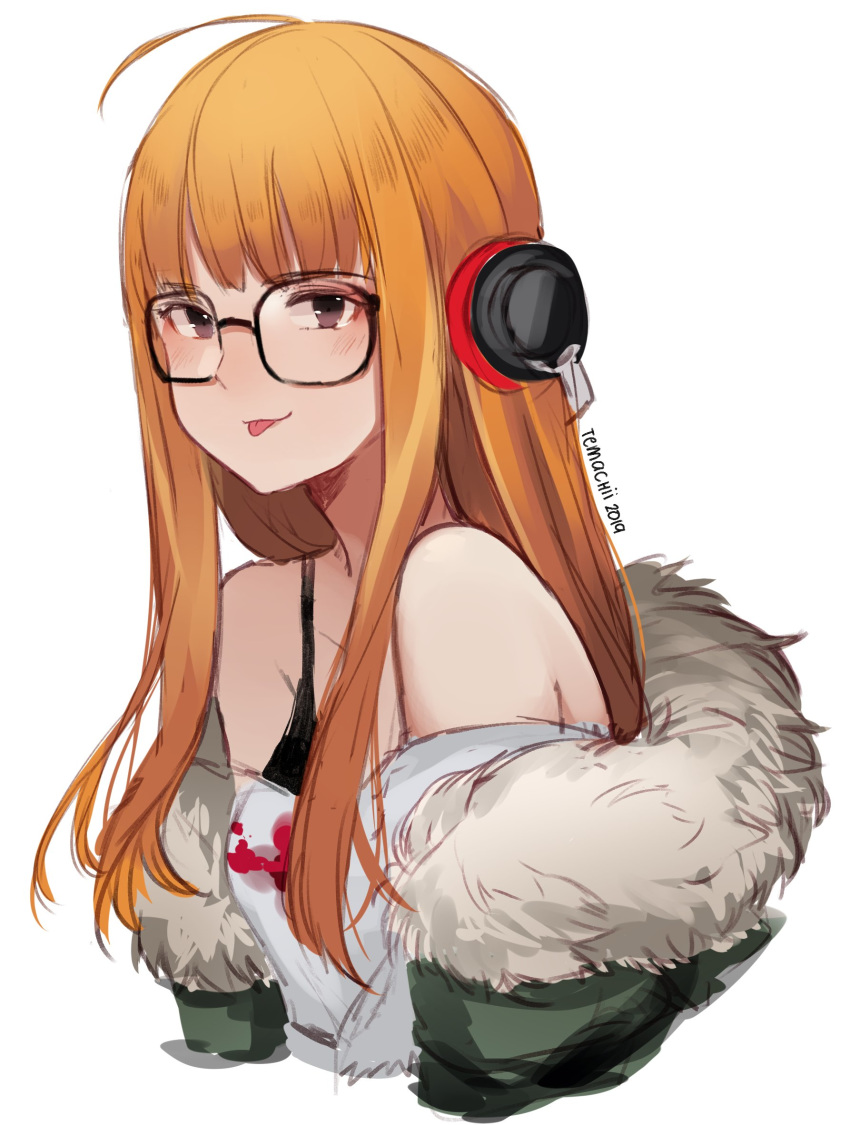 1girl :p ahoge bare_shoulders behind-the-head_headphones black-framed_eyewear black_bra bra brown_eyes closed_mouth commentary dated english_commentary fur-trimmed_jacket fur_trim glasses green_jacket headphones highres jacket long_hair looking_at_viewer off-shoulder_jacket orange_hair persona persona_5 sakura_futaba signature simple_background smile solo temachii tongue tongue_out underwear upper_body white_background
