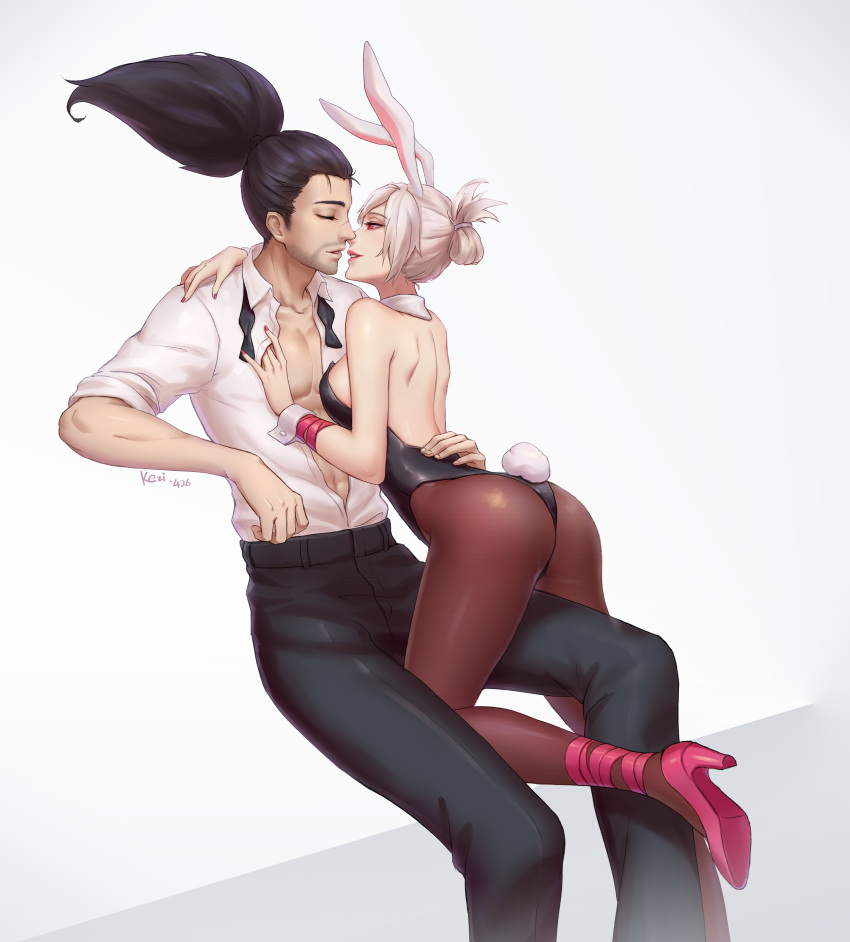 1boy 1girl abs absurdres alternate_costume animal_ears artist_name bangs bare_shoulders battle_bunny_riven black_hair breasts bunny_girl bunny_tail bunnysuit closed_eyes folded_ponytail highres kezi league_of_legends long_hair muscle necktie open_clothes open_shirt pantyhose parted_lips ponytail rabbit_ears red_eyes riven_(league_of_legends) scar short_hair tail white_hair wrist_cuffs yasuo_(league_of_legends)