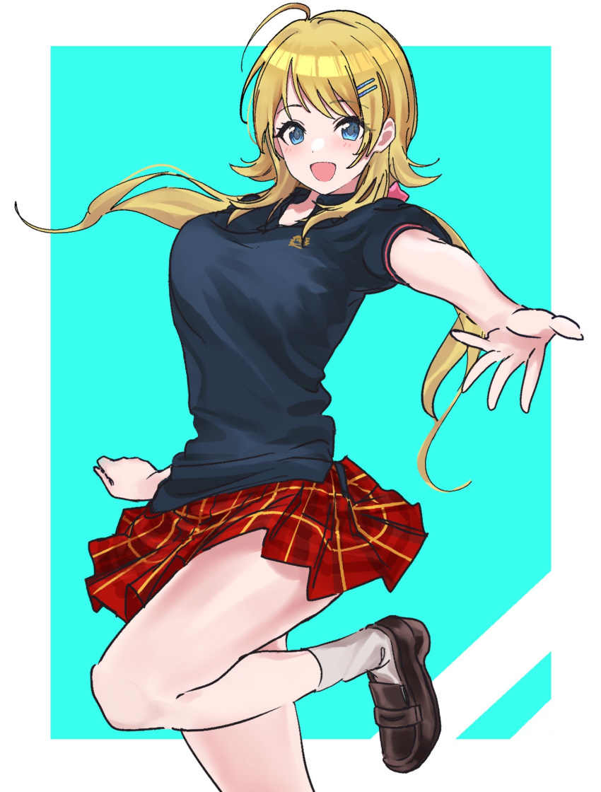 1girl :d ahoge black_footwear blonde_hair blue_eyes blue_shirt breasts feet_out_of_frame hachimiya_meguru hair_ornament hairclip highres idolmaster idolmaster_shiny_colors large_breasts leg_up loafers looking_at_viewer low_twintails open_mouth outstretched_arm plaid plaid_skirt pleated_skirt polo_shirt school_uniform shirt shoes simple_background skirt smile solo syopota twintails white_legwear